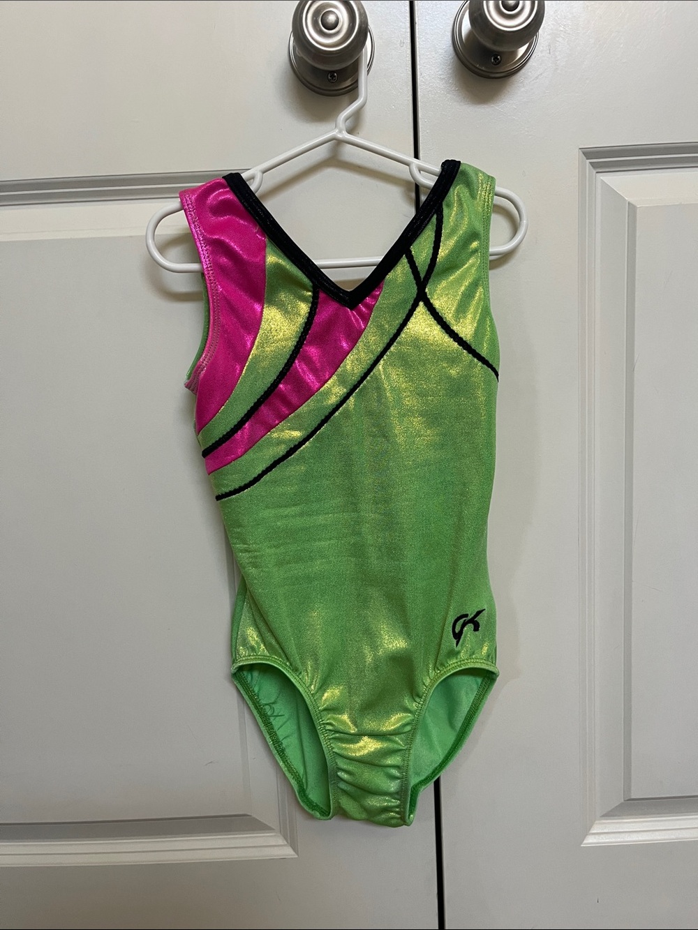 GK Metallic Lime and Hot Pink V-Neck Leotard